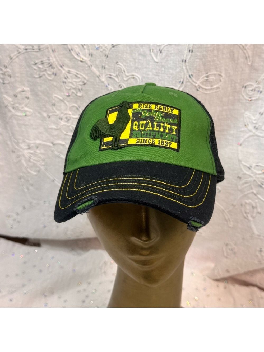 John Deere Trucker Hat Green Black Mesh Snapback Distressed Brim Cap